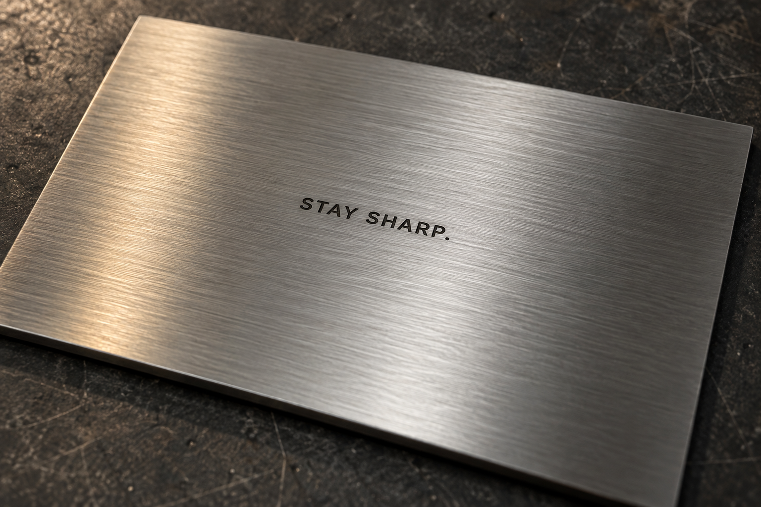 Brushed stainless steel with the black surface-marked quote Stay sharp.