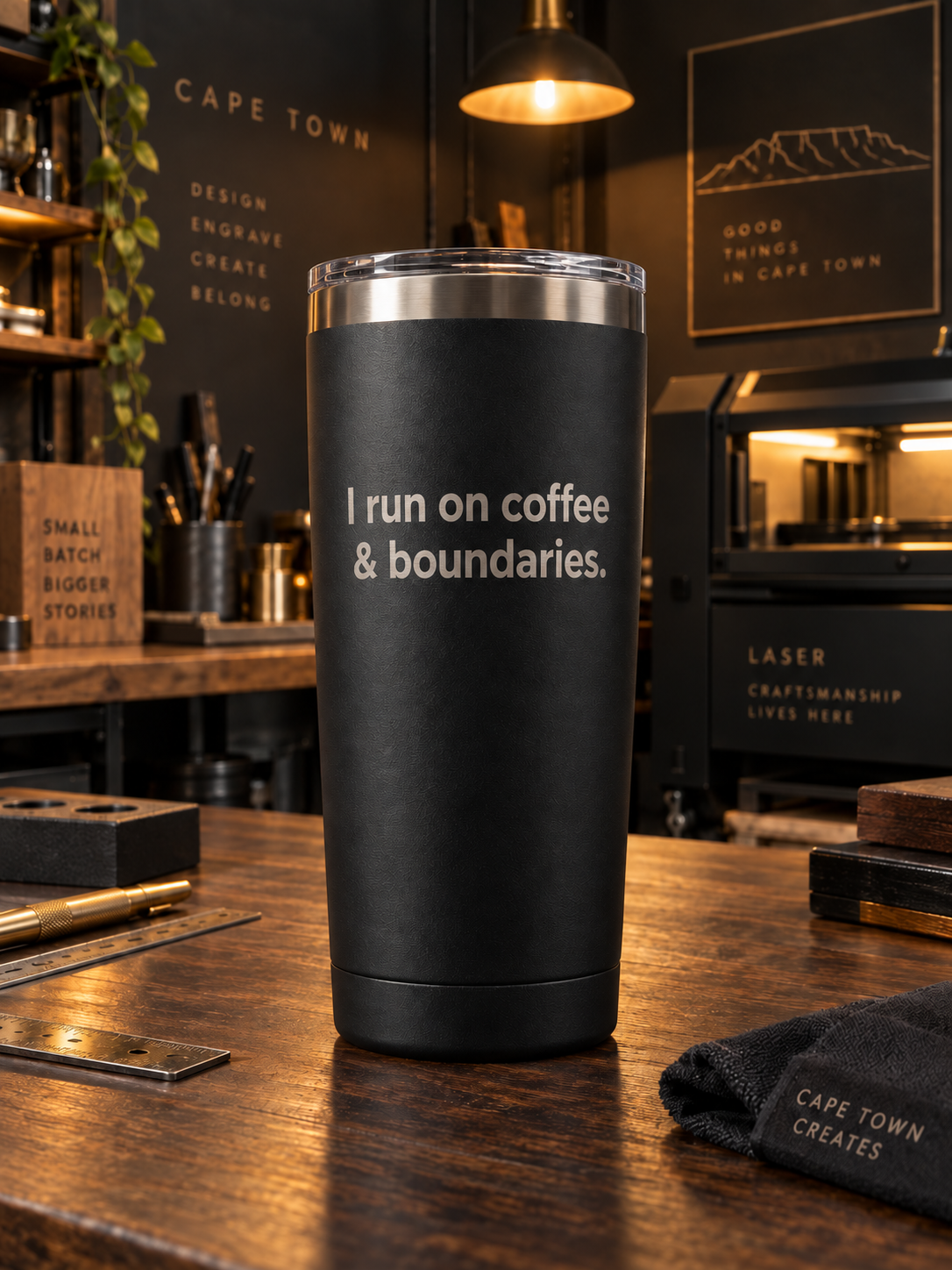 Dark powder-coated stainless steel tumbler with a silver laser-engraved quote: I run on coffee and boundaries.